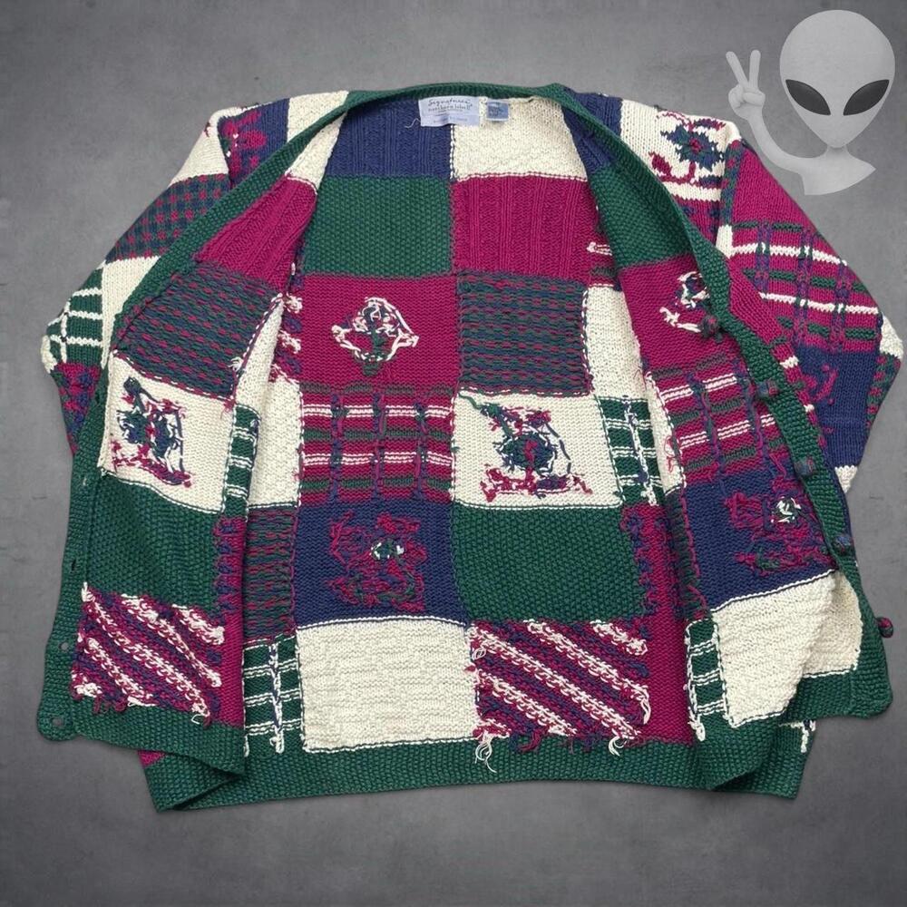 Vtg Northern Isles Hand Knit Cardigan 3XL Patchwork Floral Grandmacore Oversized - Picture 4 of 6